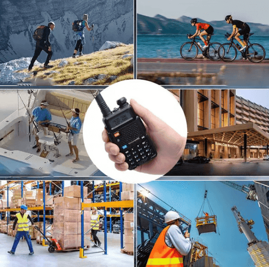 Hand holding walkie talkie radio for hiking, cycling, sailing, hotel, warehouse, and construction use