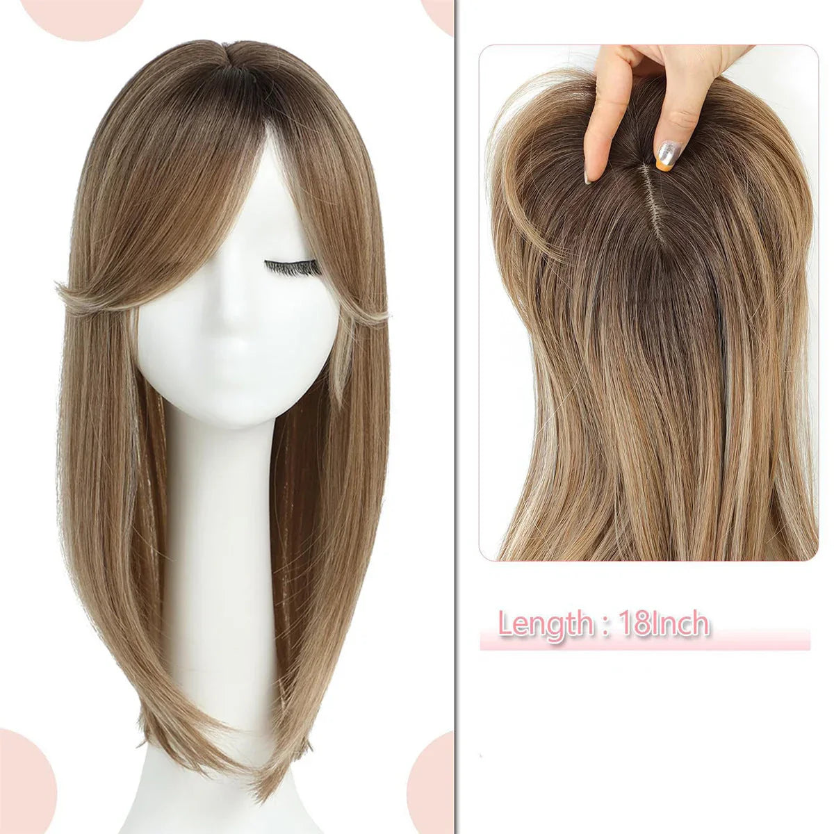 18 inch straight brown ombre synthetic wig on mannequin, realistic part, clarioy homeware