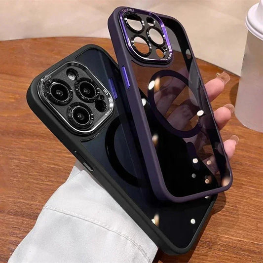 Clear protective iPhone case with camera lens cover on wood table, clarioy electronics accessory