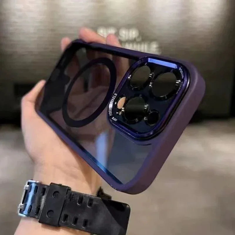 Purple transparent iPhone case with camera lens protection held in hand, clarioy electronics accessory