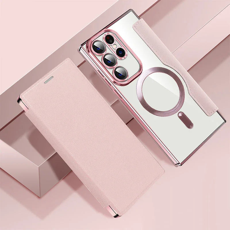 Pink mirror flip iPhone case with MagSafe ring, premium phone accessory from clarioy