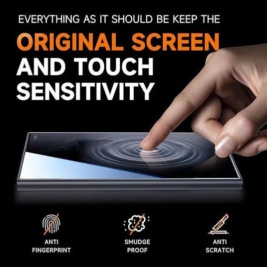 Hand touching smartphone screen, highlighting anti-fingerprint, smudge proof, and anti-scratch features on premium screen protector sold by clarioy.