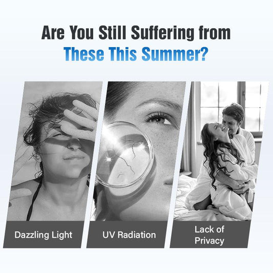 Summer problems graphic showing dazzling light, UV radiation, and lack of privacy; clarioy homeware focus