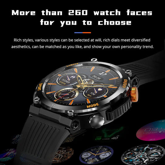 Smartwatch with black band, multiple digital watch faces displayed, premium electronics by clarioy