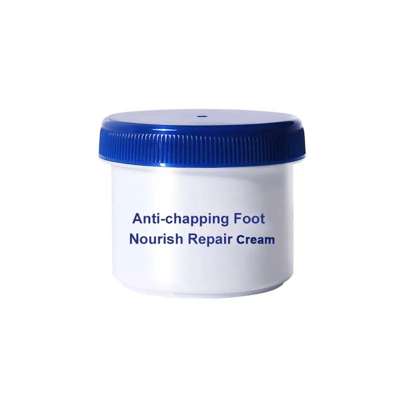Anti-chapping foot nourish repair cream jar with blue lid, skincare product on white background