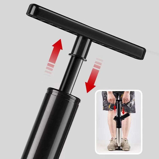 Hand pump tool with black handle, shown in use inflating, from clarioy auto tools.