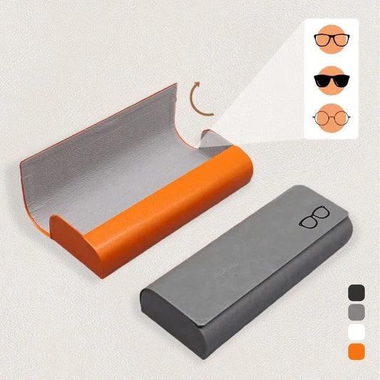 clarioy premium leather glasses case in gray and orange, foldable design, for eyewear storage