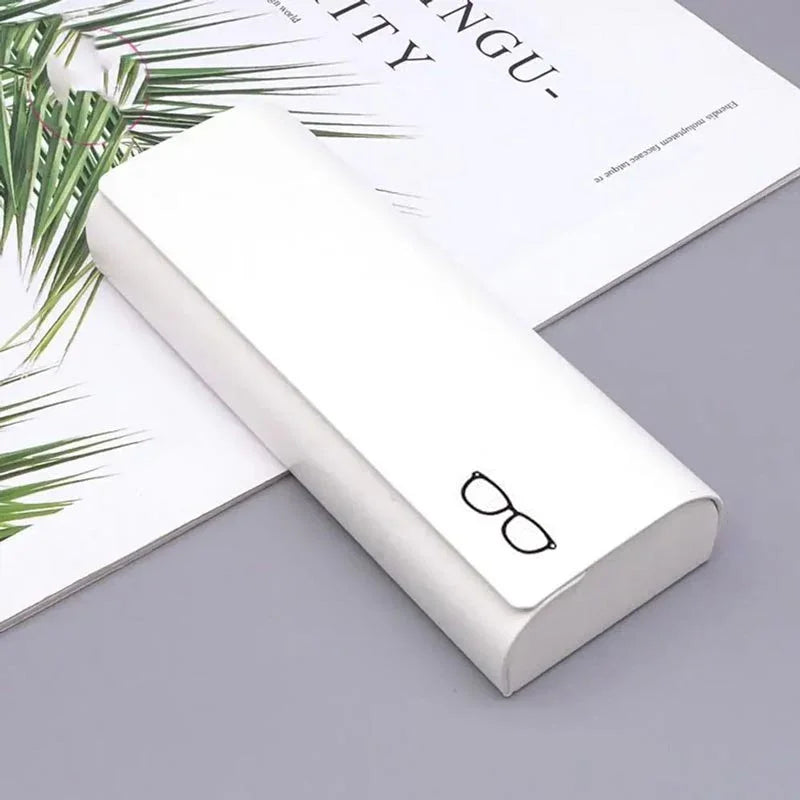 White glasses case with eyeglasses icon, minimalist design on gray background, clarioy accessory