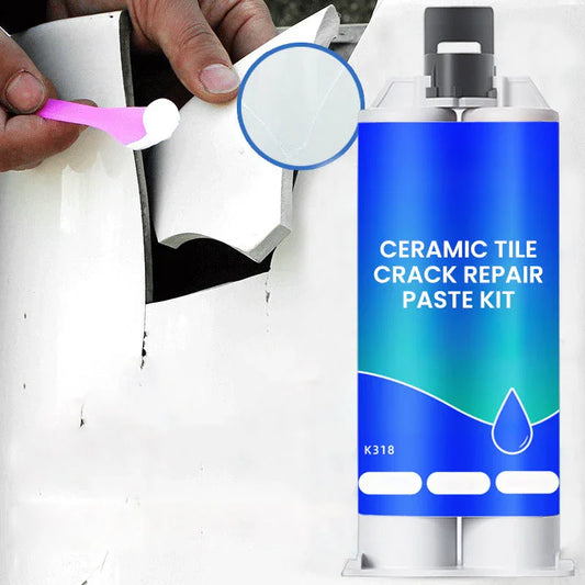 Ceramic tile crack repair paste kit being applied to a broken white tile, clarioy homeware tool.