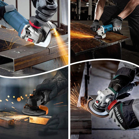 Collage of workers using angle grinders on metal beams, sparks flying, premium auto tools from clarioy