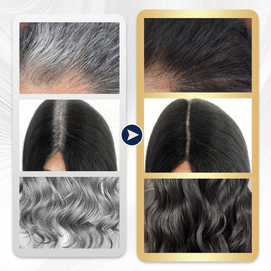 Before and after hair transformation showing gray to black hair, promoting clarioy homeware.