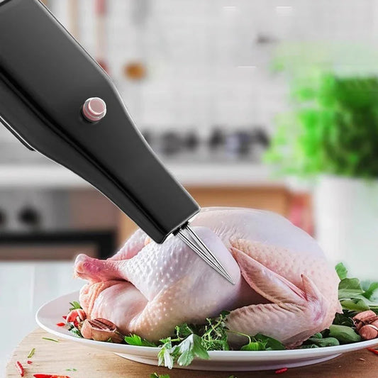 Electric meat injector tool puncturing raw chicken on plate with herbs, kitchen background, clarioy