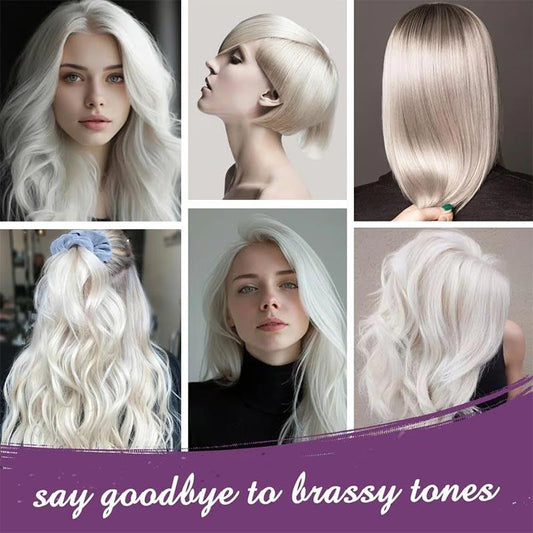 Collage of women with cool platinum blonde hair, shiny and brassy tone-free, clarioy hair care promo