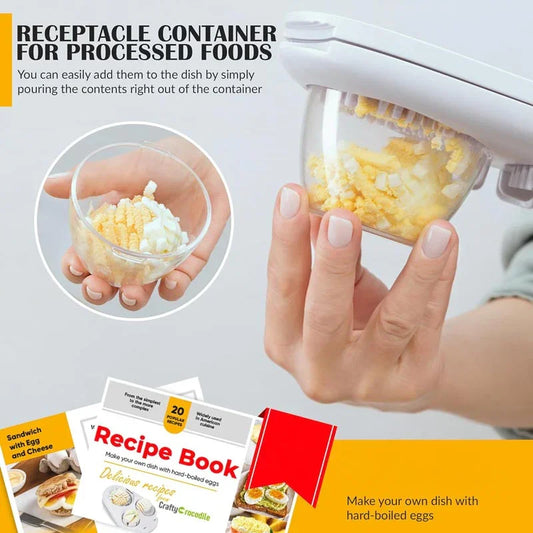 Hand using food container to pour chopped hard-boiled eggs, kitchen tool with recipe book