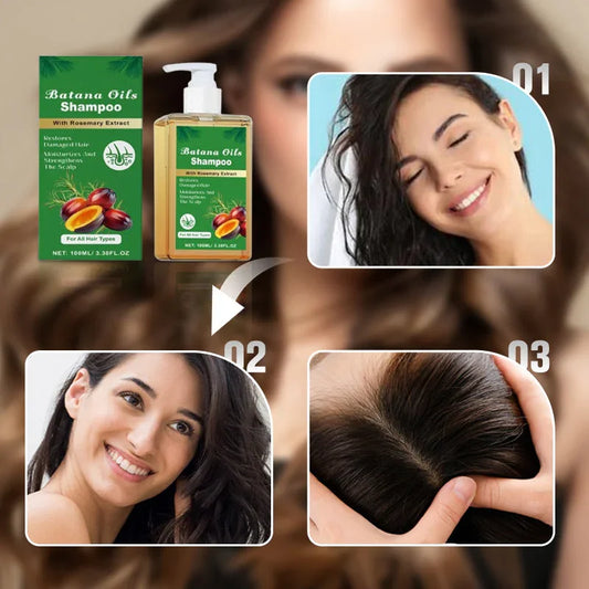 Batana Oils Shampoo bottle and box with steps showing a woman using hair care product for healthy scalp