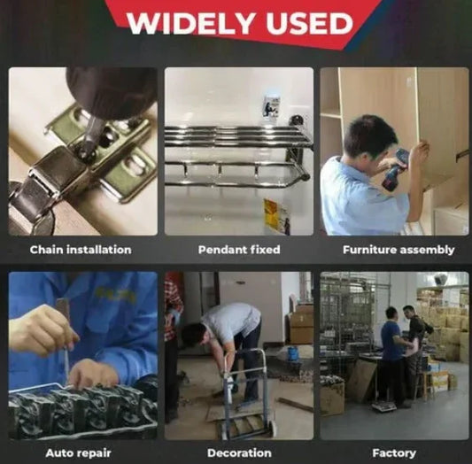 Collage showing clarioy auto tools used for chain installation, pendant fixing, furniture assembly, auto repair, decoration, and factory work.
