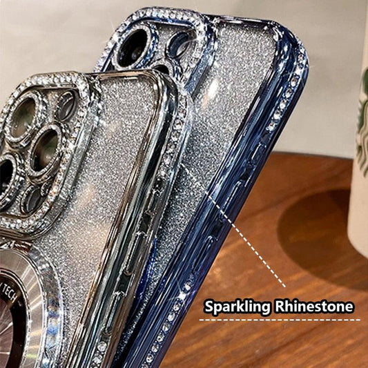 Glittery rhinestone iPhone cases with sparkling edges, shown on a wooden surface at clarioy.