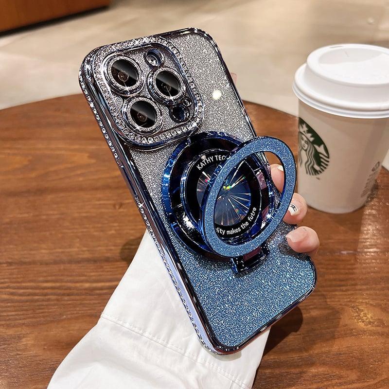 Sparkly blue glitter iPhone case with rotating ring stand, shown on a wooden table, clarioy