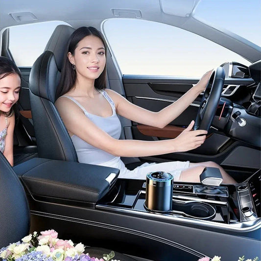 Woman driving modern car with auto tool accessory, girl in back seat, clarioy homeware