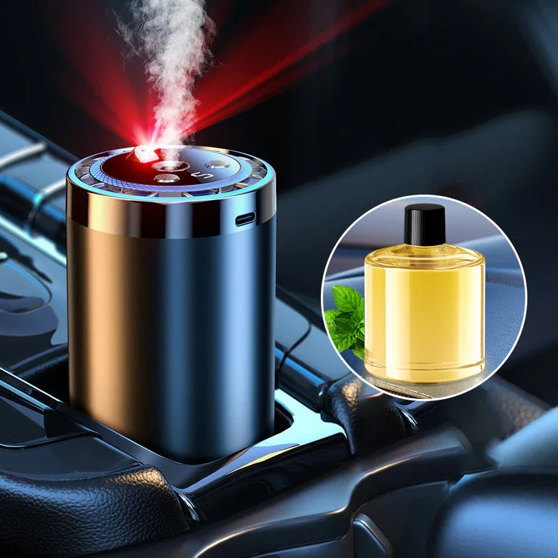 Premium car air diffuser with vapor and essential oil bottle in luxury vehicle, clarioy auto tool