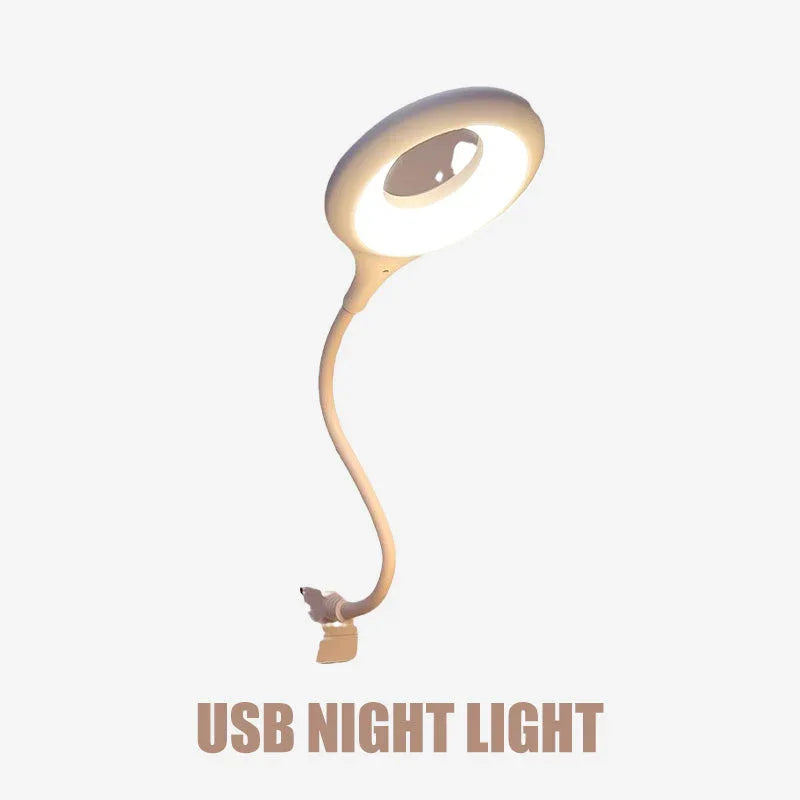 Flexible USB night light with circular LED design and clip, ideal for home or office use