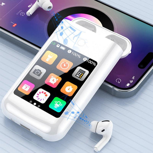 Wireless earbuds with touchscreen charging case and smartphone, clarioy electronics