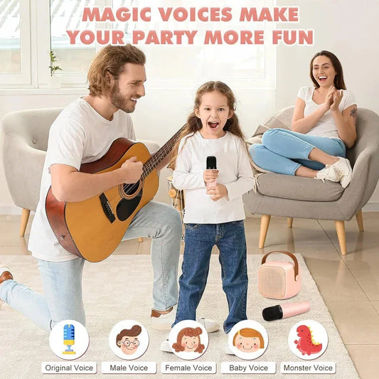 Family singing and playing guitar with Clarioy voice changer microphone, enjoying music at home