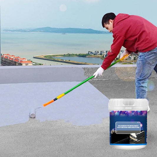 Man applying waterproof roof sealant with roller brush, sea view, clarioy home improvement tools