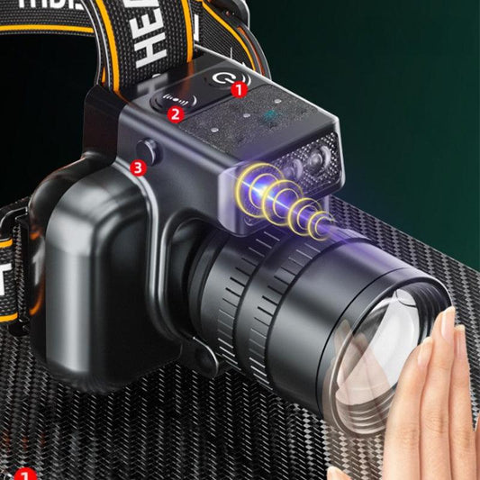 Close-up of a rechargeable LED headlamp with adjustable strap and hand gesture sensor, featured on clarioy.