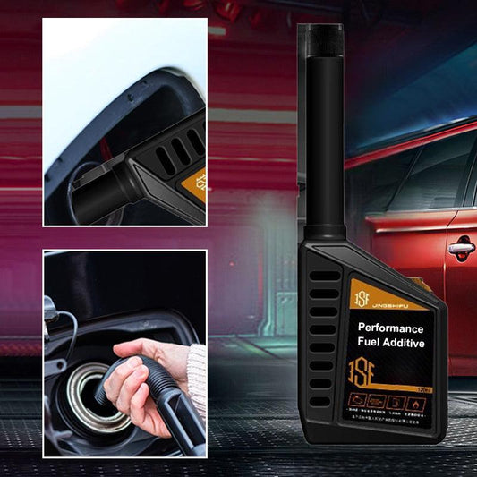 Performance fuel additive bottle for cars, shown with application at vehicle fuel tank, clarioy auto tools.