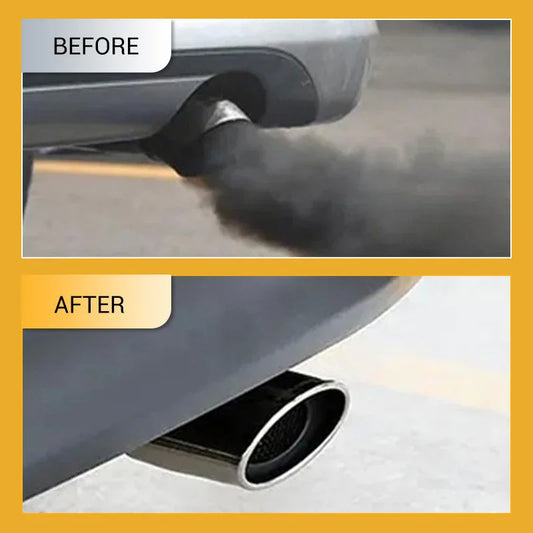 Car exhaust before and after cleaning, showing reduced smoke with clarioy auto tool