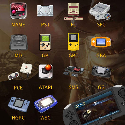 Icons of classic game consoles and handhelds, retro gaming device display, clarioy electronics