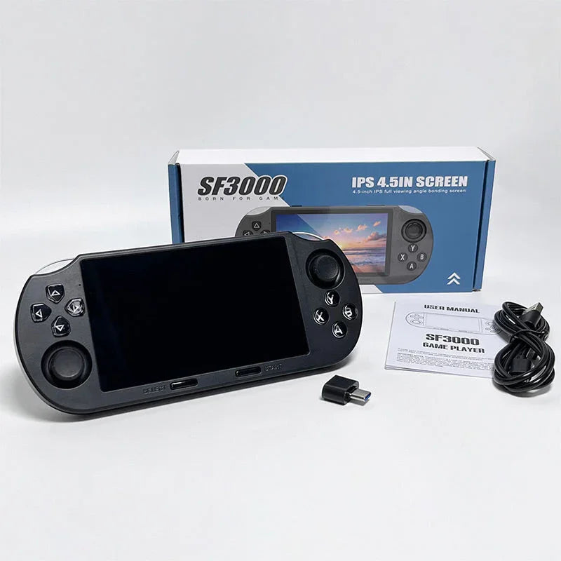 SF3000 handheld game console with 4.5-inch IPS screen, charger, and manual on white background