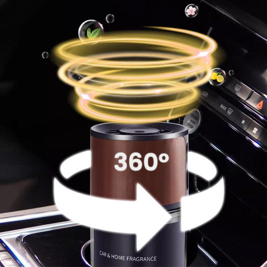 Clarioy 360° rotating car air freshener for car or home fragrance, shown in vehicle interior.