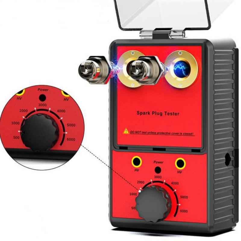 Clarioy spark plug tester with dual slots, voltage dial, and red auto tool design