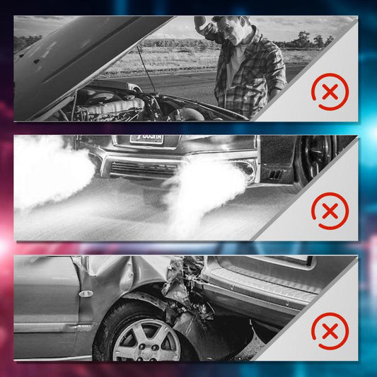 Three black and white images showing common car issues: engine breakdown, exhaust smoke, rear-end damage, each marked with a red X, reflecting auto tool needs from clarioy.