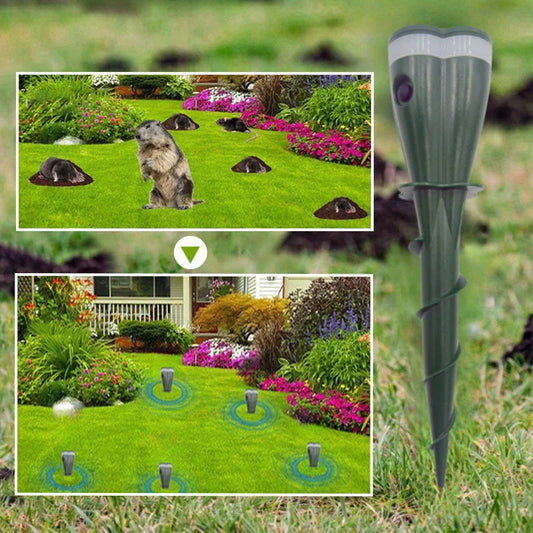 Outdoor mole and rodent repellent device for lawns, shown before and after use in a garden.