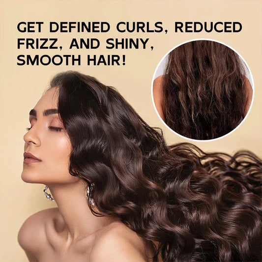Woman with defined, shiny curls and frizz-free hair, before and after results, clarioy hair care