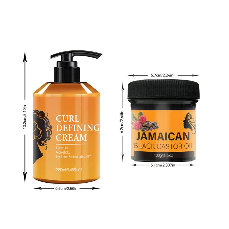 Clarioy curl defining cream bottle and Jamaican black castor oil jar with size dimensions
