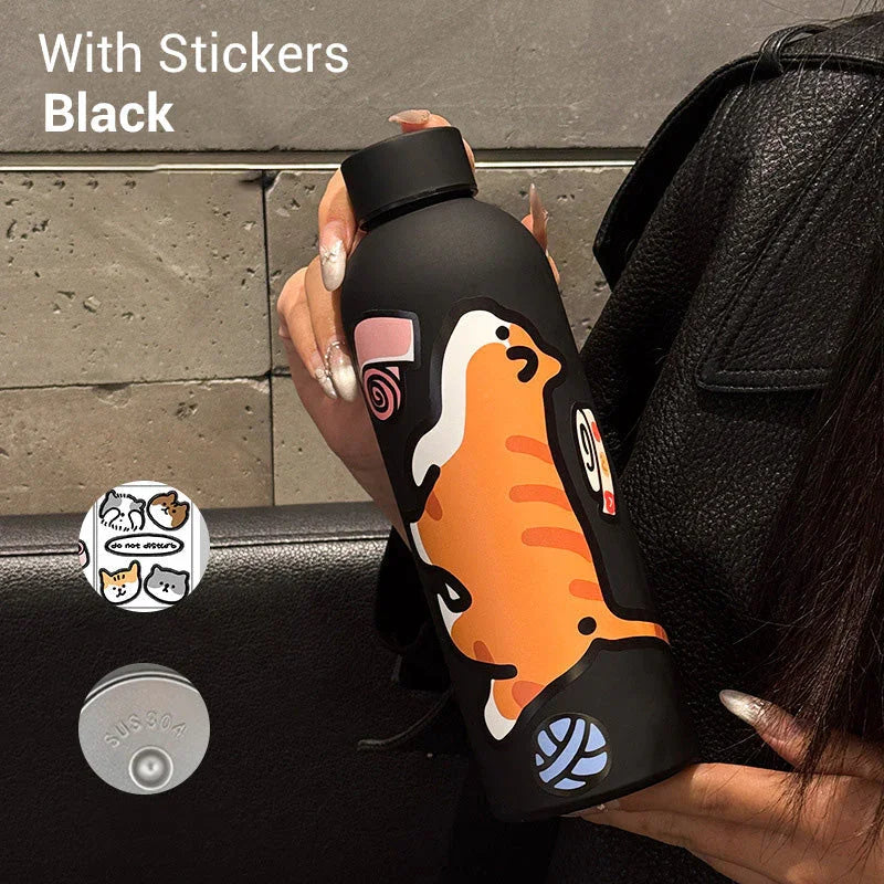 clarioy black stainless steel water bottle with cute cat stickers, held by a person in a leather jacket