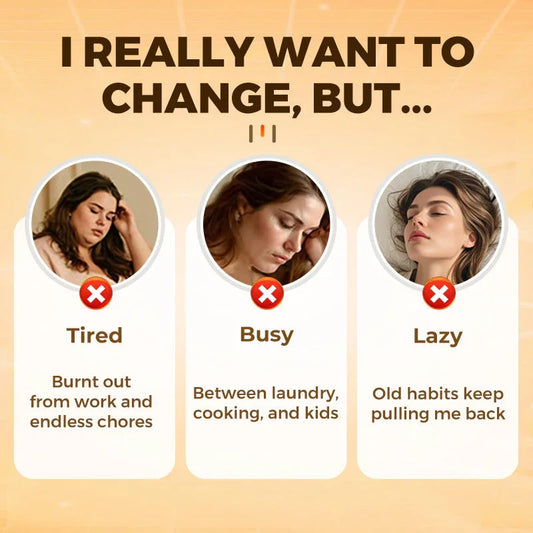 Three women looking tired, busy, and relaxed with reasons for struggling to change, clarioy lifestyle image