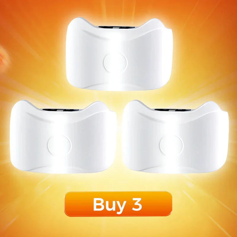 Set of three white electronic devices with glowing LED lights on orange background, Buy 3 offer