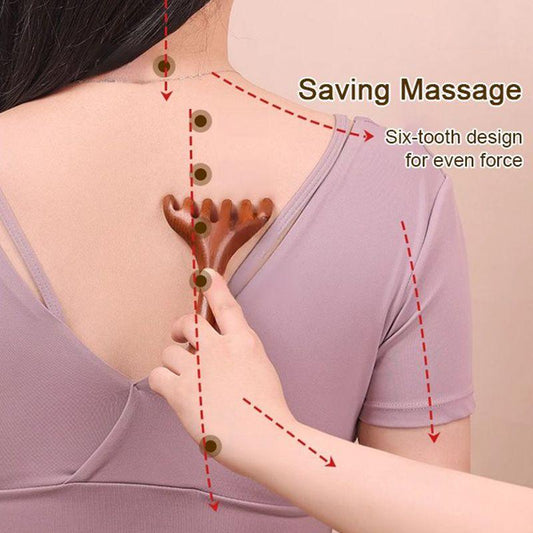 Woman using six-tooth wooden massage tool on back for muscle relief, clarioy homeware