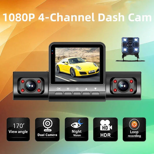 1080P 4-channel dash cam with dual lens, night vision, HDR, loop recording, and wide view angle