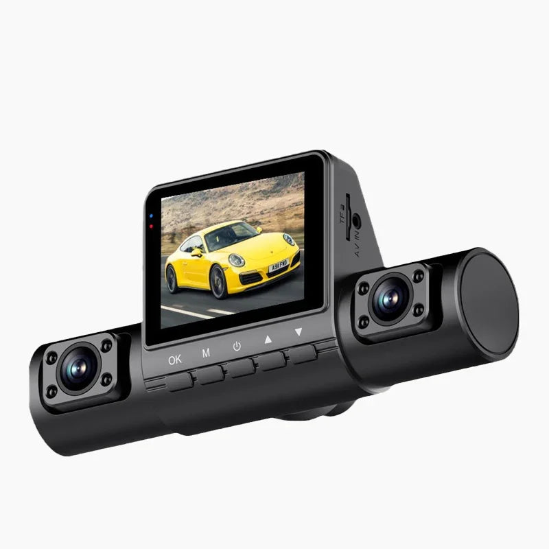 Dual lens car dash cam with LCD screen displaying a yellow sports car, premium auto tool from clarioy