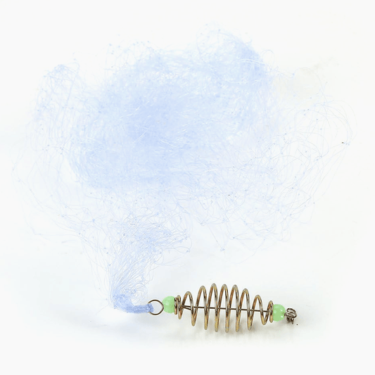 Fishing coil lure with metal spring and tangled fishing line on white background, clarioy auto tools