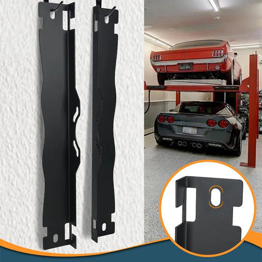 Black metal wall mount brackets for garage auto tools, shown near car lift in home garage