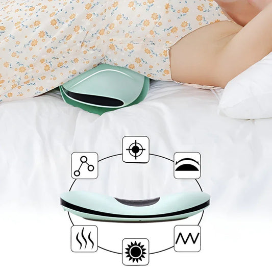 Woman using ergonomic back stretcher device on bed, clarioy homeware for pain relief