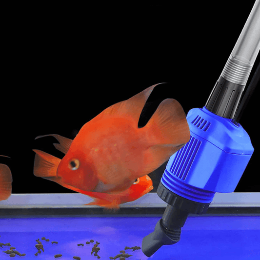 Aquarium cleaning tool with blue handle, orange goldfish, and fish food in tank, clarioy