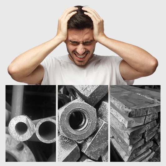 Man stressed holding head above close-up metal pipes, rods, and slabs, auto tools concept
